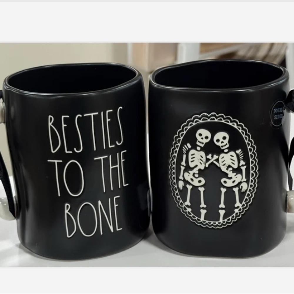 NWT (1) RAE DUNN Double Sided Skeleton Besties Ceramic Bone Handle Halloween Mug